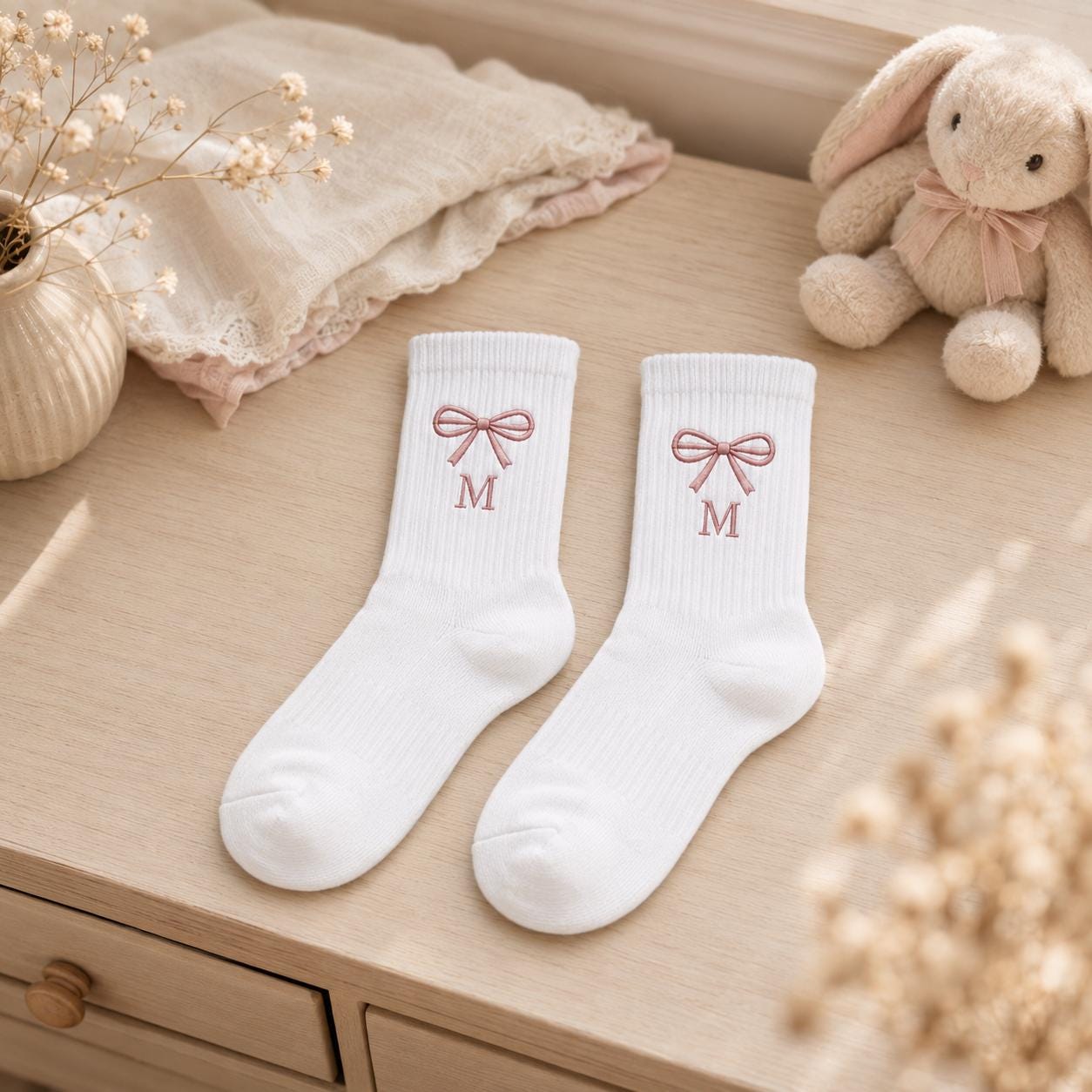 Personalized Birth Month Bow Embroidered Socks, Custom Initial Coquette Socks, Birthday Gift for Her, Bridesmaid Gift