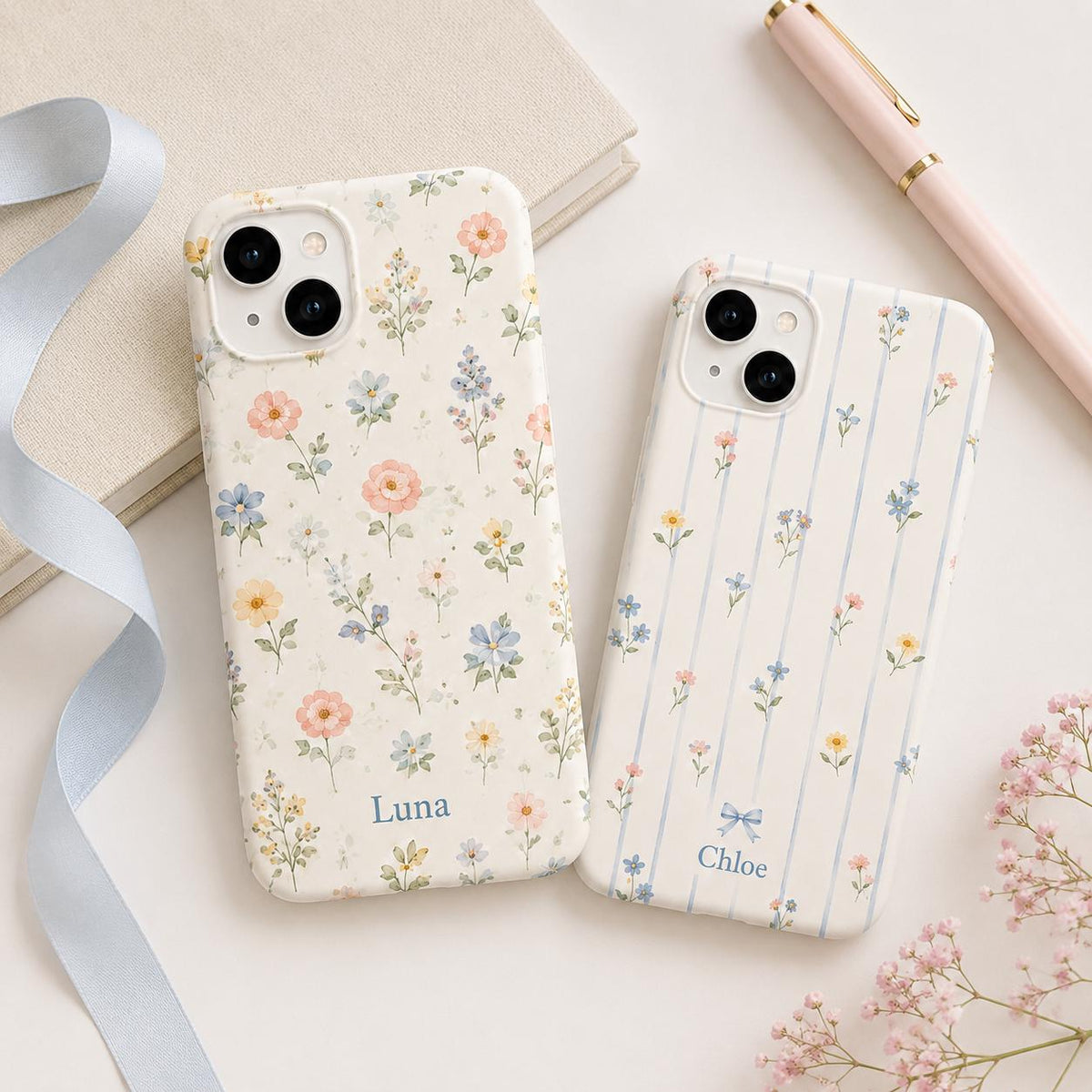 Personalized Floral Phone Case, Custom Name iPhone Case, Cottagecore Wildflower Gingham Lemon Bow Phone Cover Gift for Her
