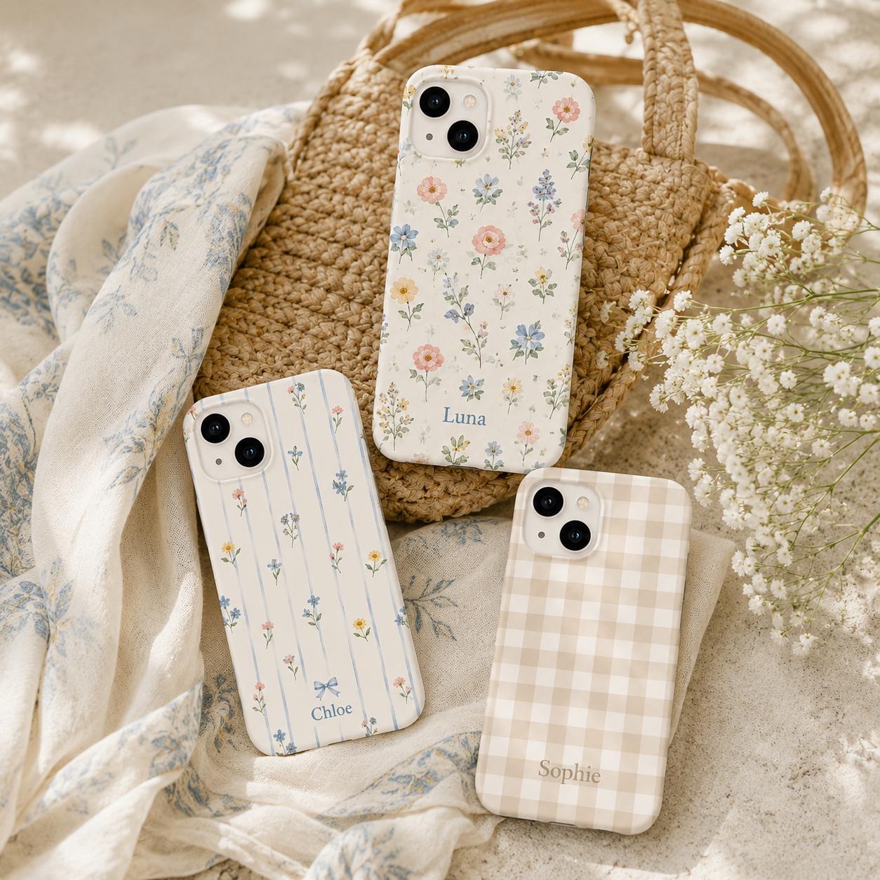 Personalized Floral Phone Case, Custom Name iPhone Case, Cottagecore Wildflower Gingham Lemon Bow Phone Cover Gift for Her