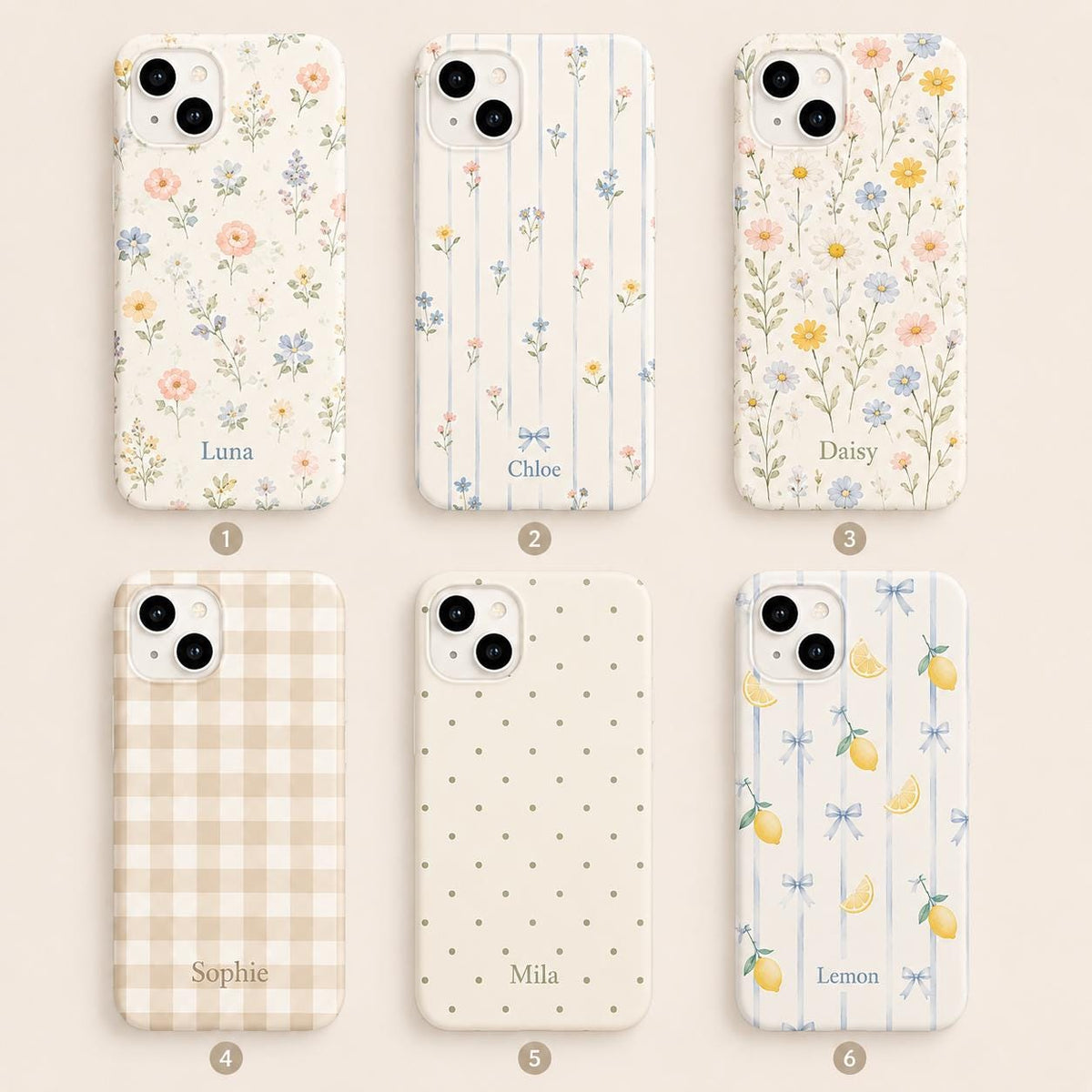 Personalized Floral Phone Case, Custom Name iPhone Case, Cottagecore Wildflower Gingham Lemon Bow Phone Cover Gift for Her