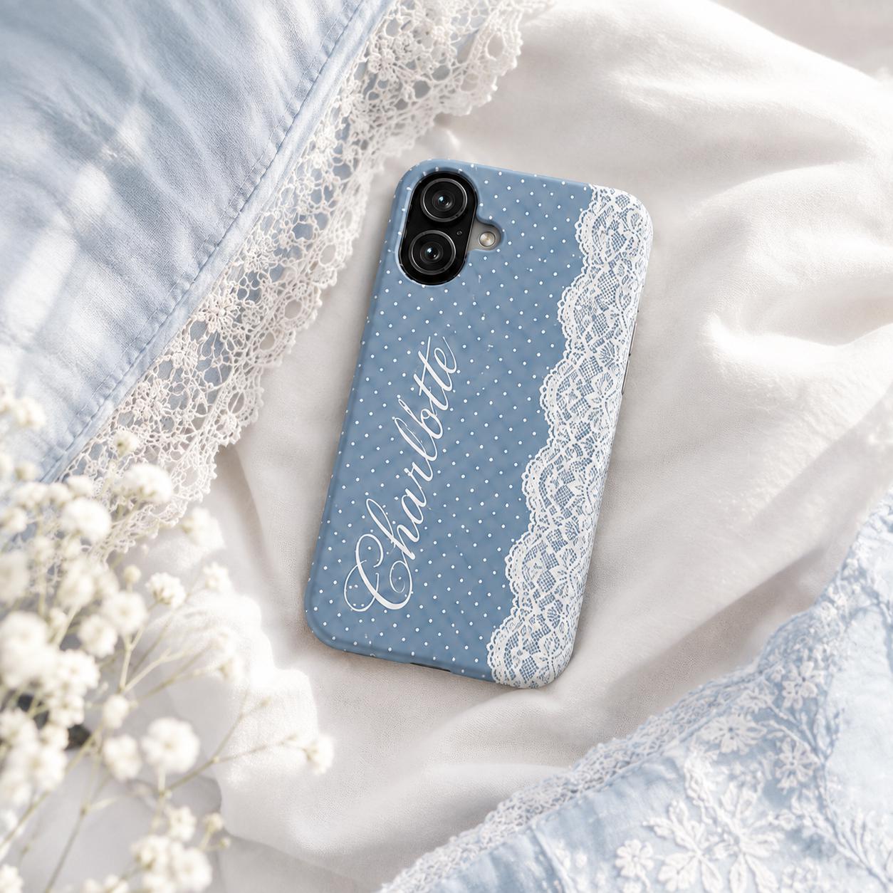 Personalized Lace Phone Case, Custom Name Polka Dot iPhone Case, Vintage Coquette Phone Cover, Girly Gift for Her