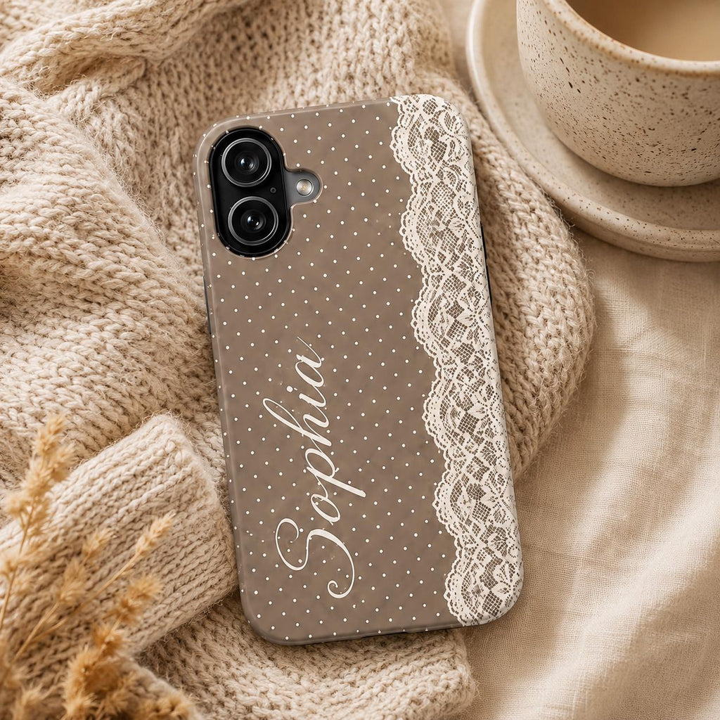 Personalized Lace Phone Case, Custom Name Polka Dot iPhone Case, Vintage Coquette Phone Cover, Girly Gift for Her
