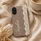 Personalized Lace Phone Case, Custom Name Polka Dot iPhone Case, Vintage Coquette Phone Cover, Girly Gift for Her