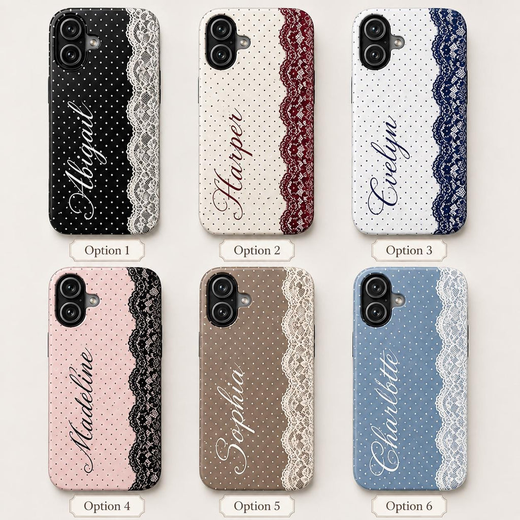 Personalized Lace Phone Case, Custom Name Polka Dot iPhone Case, Vintage Coquette Phone Cover, Girly Gift for Her