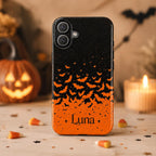 Personalized Halloween Phone Case, Custom Name iPhone Case, Orange Black Bat Star Stripe Checkered Spooky Phone Cover