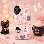 Personalized Cute Halloween Phone Case, Custom Name iPhone Case, Pink Ghost Black Cat Pumpkin Witchy Spooky Phone Cover