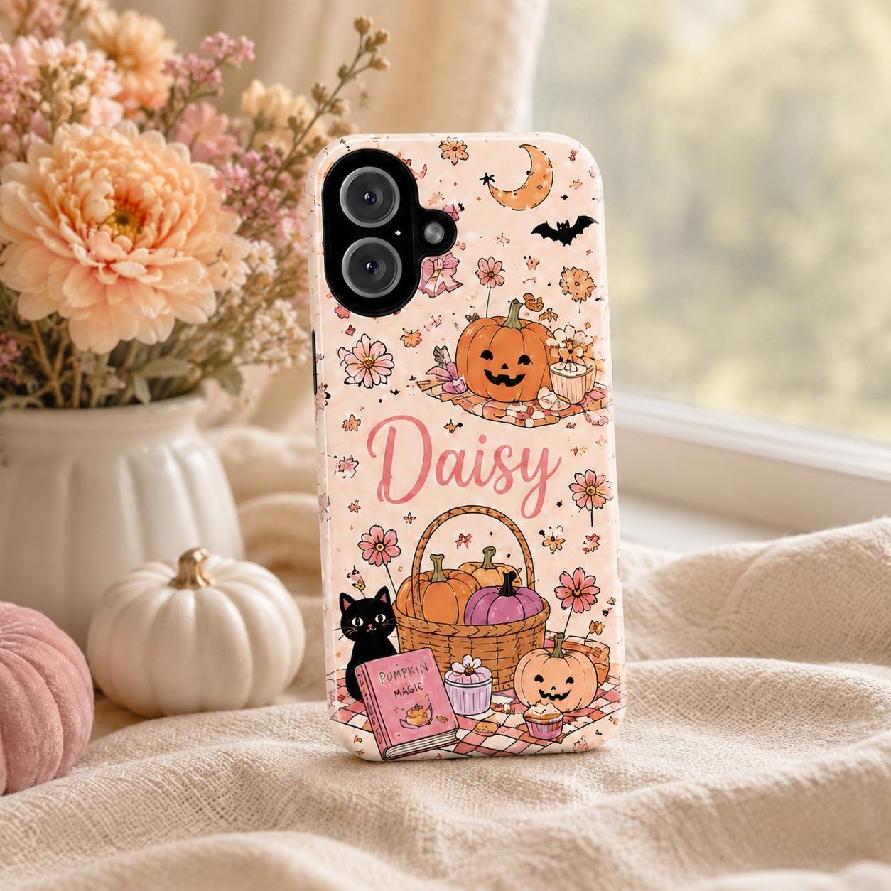 Personalized Cute Halloween Phone Case, Custom Name iPhone Case, Pink Ghost Black Cat Pumpkin Witchy Spooky Phone Cover