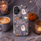 Personalized Cute Halloween Phone Case, Custom Name iPhone Case, Pink Ghost Black Cat Pumpkin Witchy Spooky Phone Cover