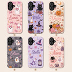 Personalized Cute Halloween Phone Case, Custom Name iPhone Case, Pink Ghost Black Cat Pumpkin Witchy Spooky Phone Cover