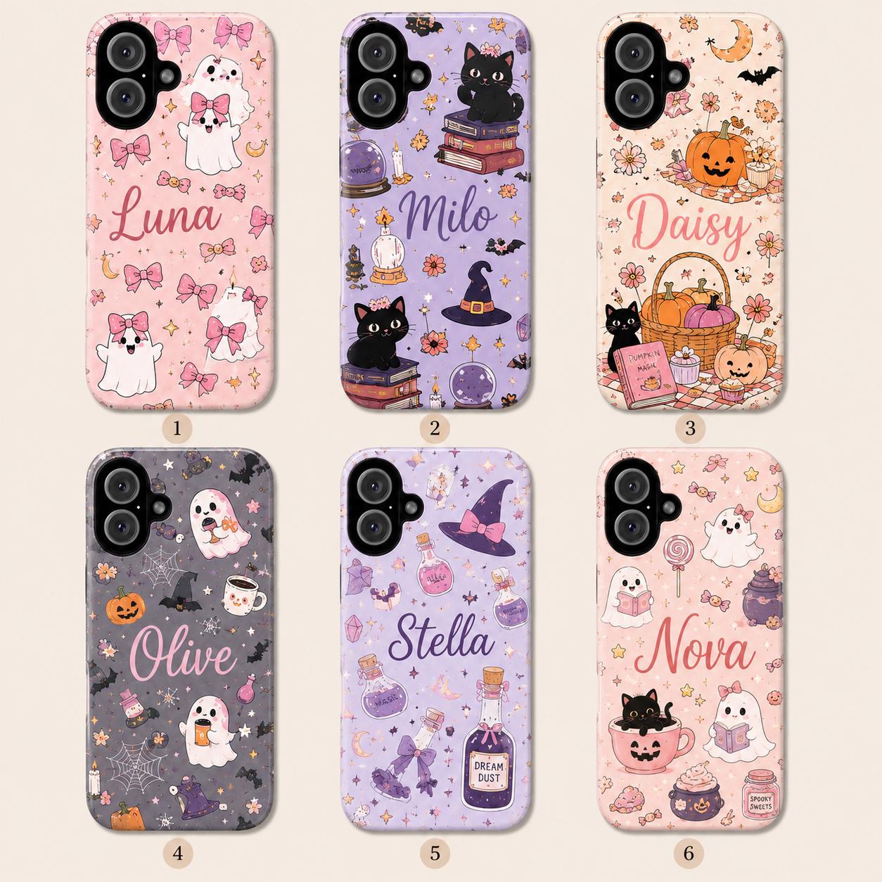Personalized Cute Halloween Phone Case, Custom Name iPhone Case, Pink Ghost Black Cat Pumpkin Witchy Spooky Phone Cover