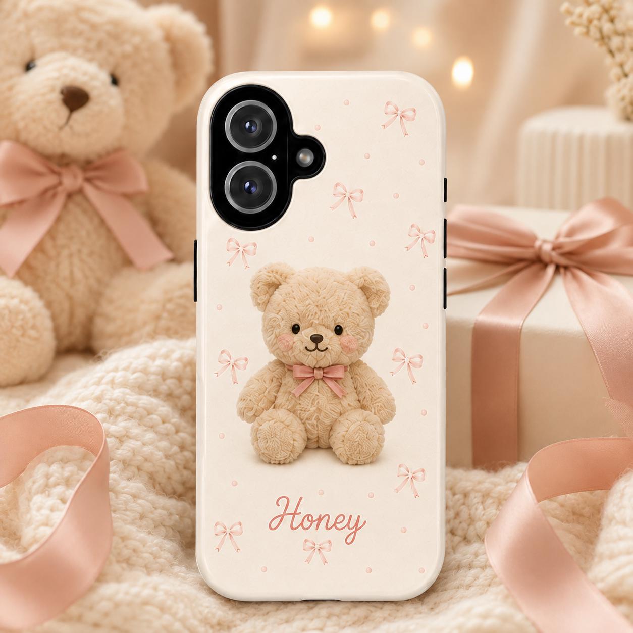 Personalized Cute Plush Phone Case, Custom Name iPhone Case, Kawaii Bunny Bear Star Cake Gingham Phone Cover Gift for Her