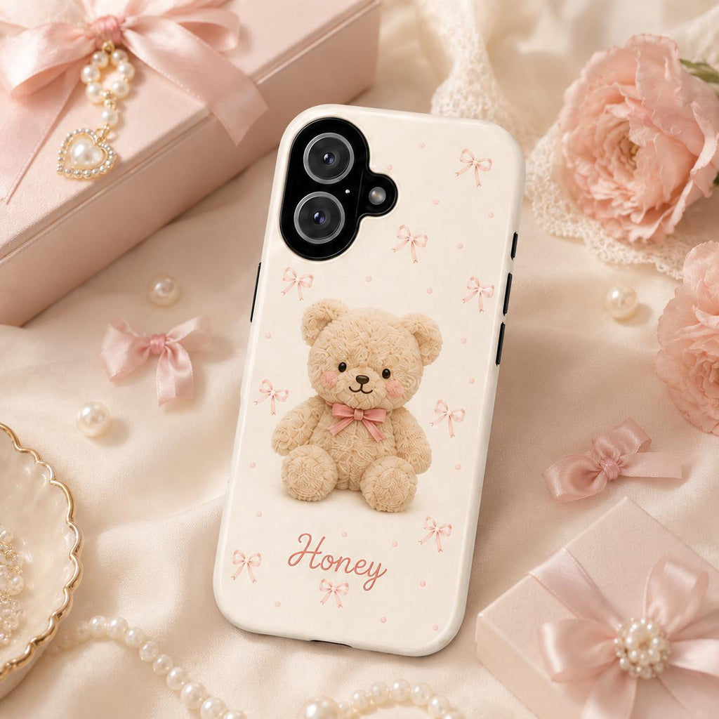 Personalized Cute Plush Phone Case, Custom Name iPhone Case, Kawaii Bunny Bear Star Cake Gingham Phone Cover Gift for Her