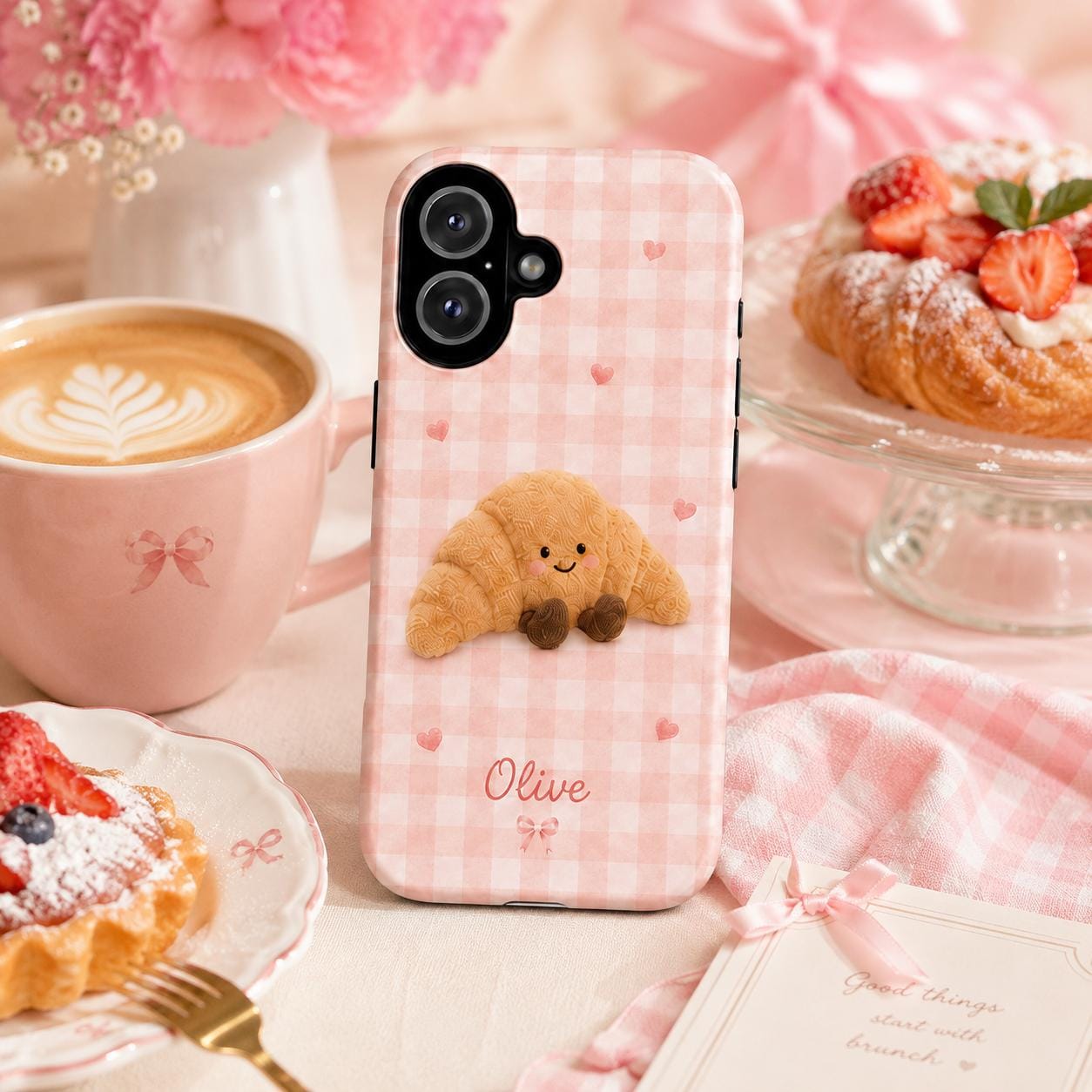 Personalized Cute Plush Phone Case, Custom Name iPhone Case, Kawaii Bunny Bear Star Cake Gingham Phone Cover Gift for Her