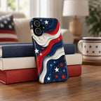 2D Patriotic American Flag Phone Case, Red White Blue Wavy Star iPhone Case, USA Fourth of July Phone Cover