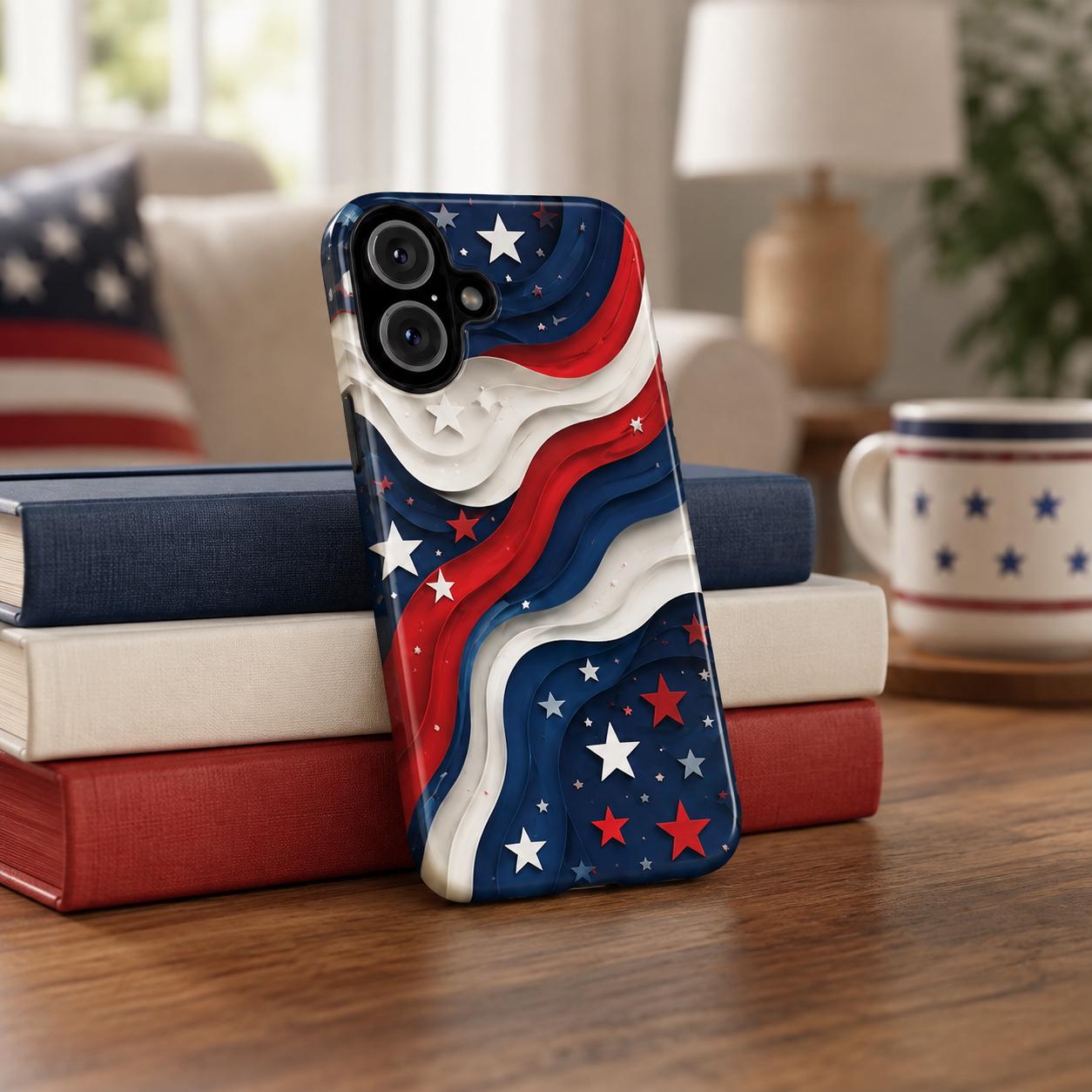 2D Patriotic American Flag Phone Case, Red White Blue Wavy Star iPhone Case, USA Fourth of July Phone Cover