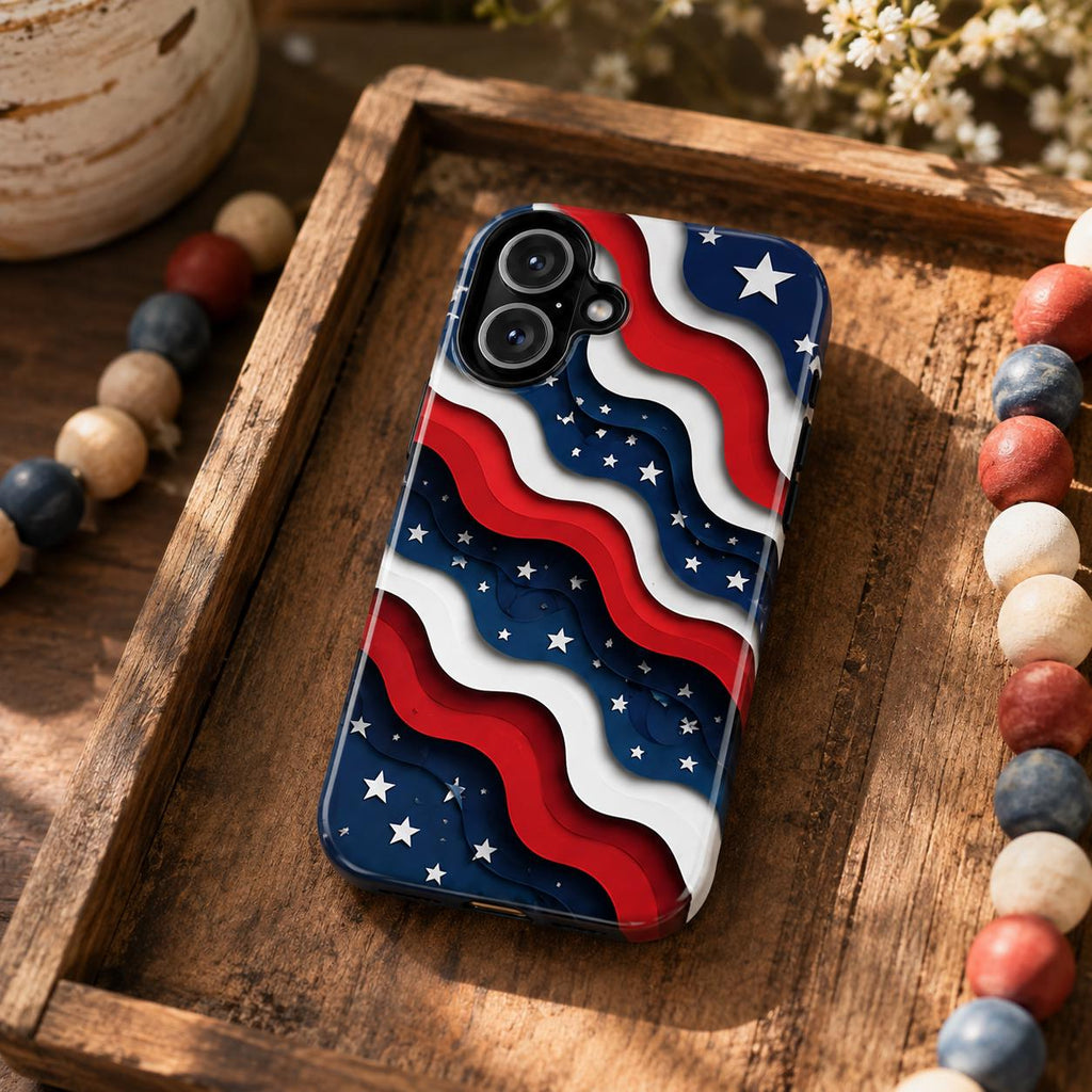 2D Patriotic American Flag Phone Case, Red White Blue Wavy Star iPhone Case, USA Fourth of July Phone Cover