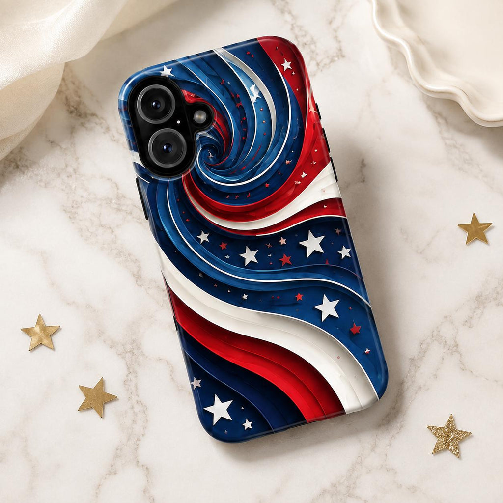 2D Patriotic American Flag Phone Case, Red White Blue Wavy Star iPhone Case, USA Fourth of July Phone Cover