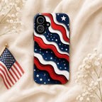 2D Patriotic American Flag Phone Case, Red White Blue Wavy Star iPhone Case, USA Fourth of July Phone Cover