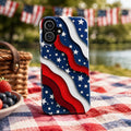 2D Patriotic American Flag Phone Case, Red White Blue Wavy Star iPhone Case, USA Fourth of July Phone Cover