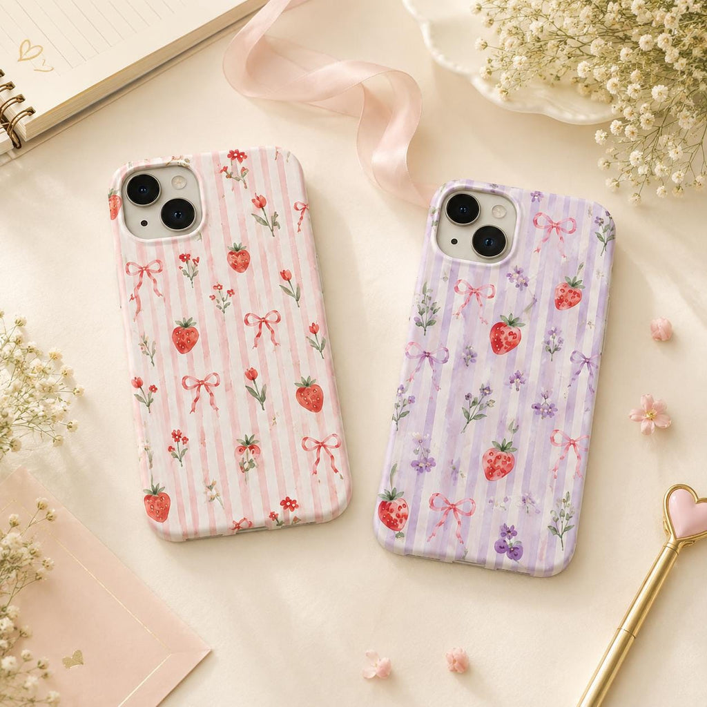 Strawberry Bow Phone Case, Pink Striped Floral iPhone Case, Cute Coquette Summer Phone Cover, Girly Gift for Her