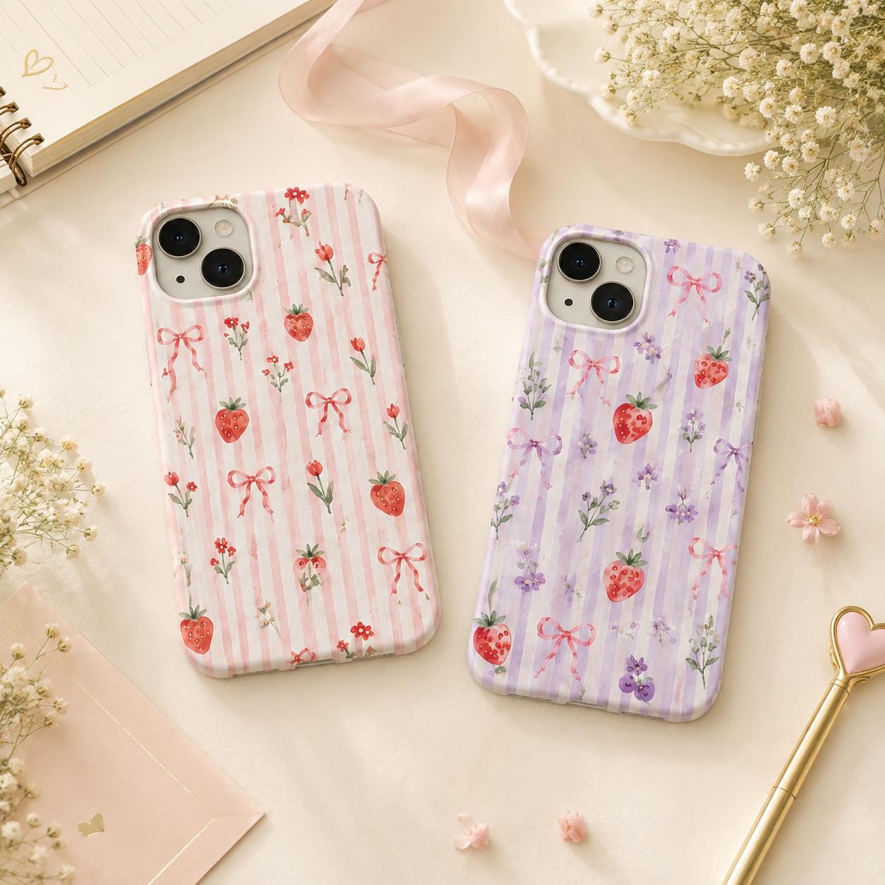 Strawberry Bow Phone Case, Pink Striped Floral iPhone Case, Cute Coquette Summer Phone Cover, Girly Gift for Her