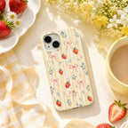 Strawberry Bow Phone Case, Pink Striped Floral iPhone Case, Cute Coquette Summer Phone Cover, Girly Gift for Her