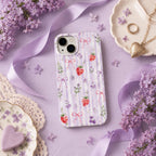 Strawberry Bow Phone Case, Pink Striped Floral iPhone Case, Cute Coquette Summer Phone Cover, Girly Gift for Her
