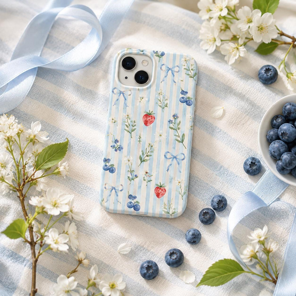 Strawberry Bow Phone Case, Pink Striped Floral iPhone Case, Cute Coquette Summer Phone Cover, Girly Gift for Her
