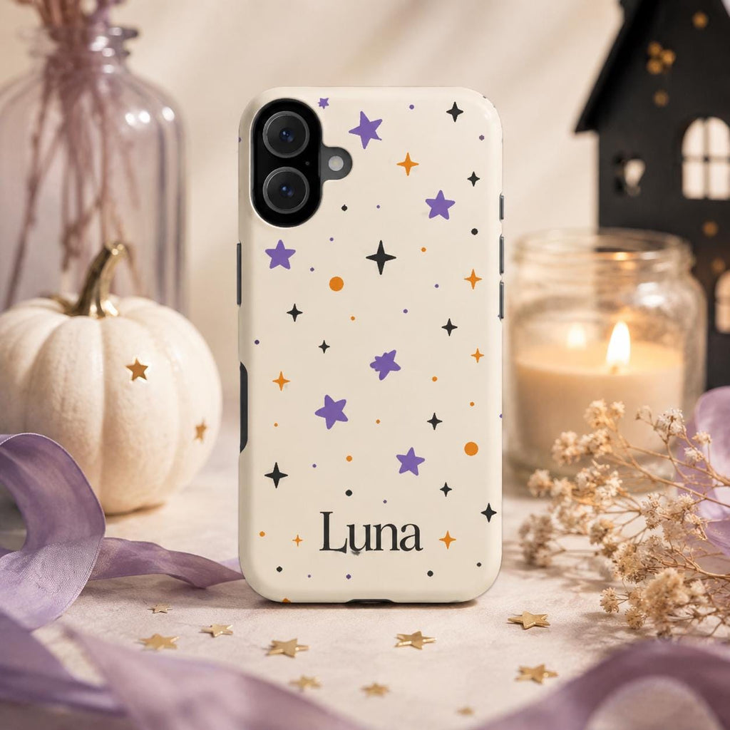 Personalized Halloween Phone Case, Custom Name iPhone Case, Orange Black Bat Star Stripe Checkered Spooky Phone Cover