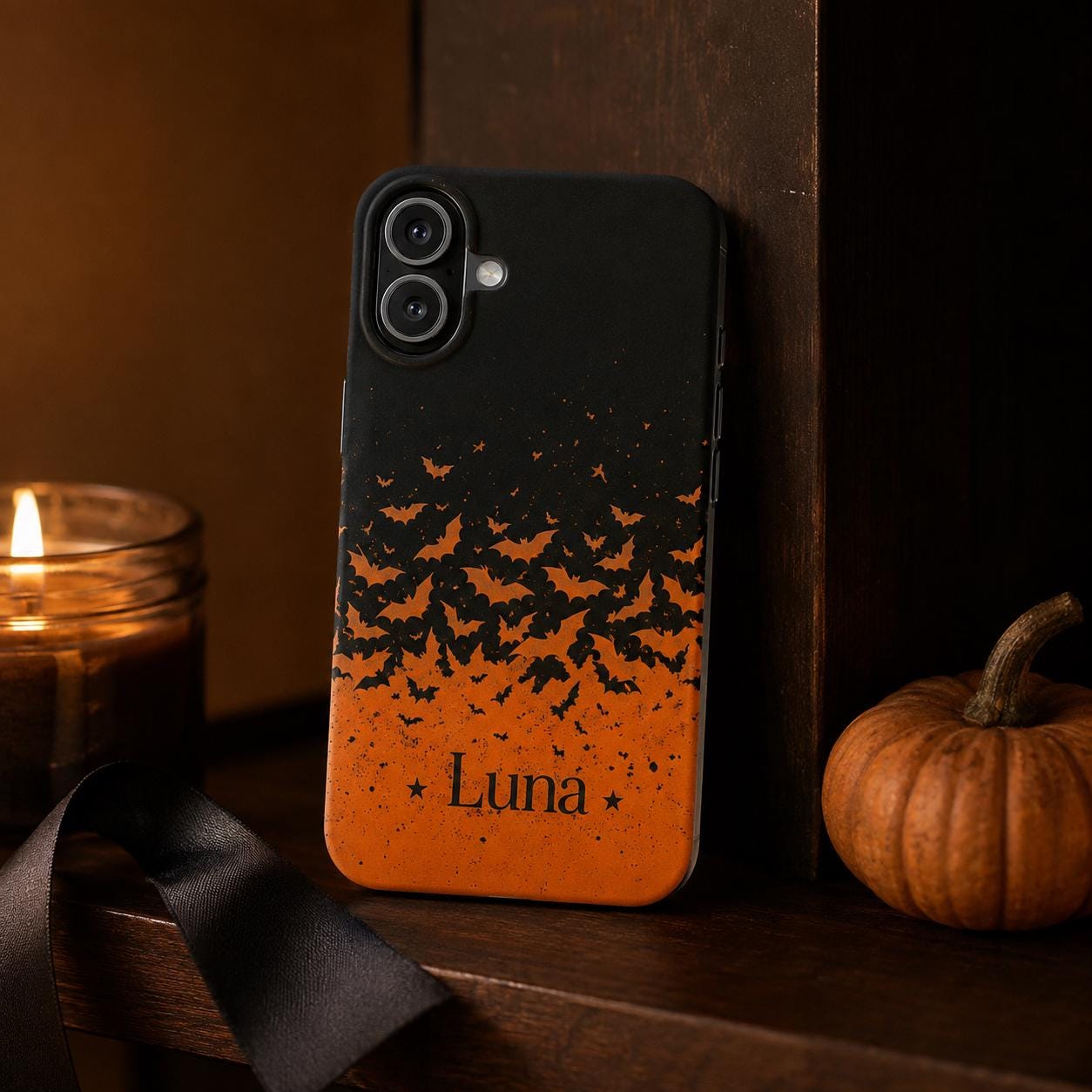 Personalized Halloween Phone Case, Custom Name iPhone Case, Orange Black Bat Star Stripe Checkered Spooky Phone Cover