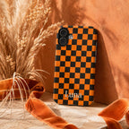 Personalized Halloween Phone Case, Custom Name iPhone Case, Orange Black Bat Star Stripe Checkered Spooky Phone Cover