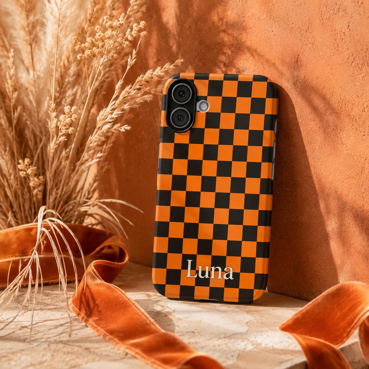 Personalized Halloween Phone Case, Custom Name iPhone Case, Orange Black Bat Star Stripe Checkered Spooky Phone Cover