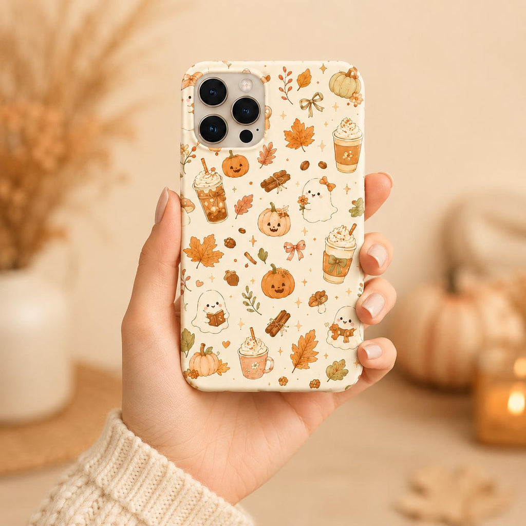 Cute Fall Phone Case, Cozy Pumpkin Ghost Coffee iPhone Case, Autumn Gingham Bow Phone Cover, Kawaii Fall Gift for Her