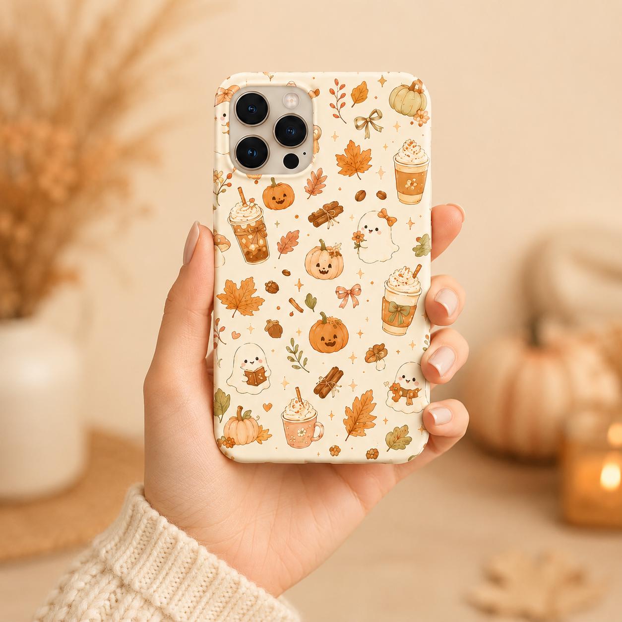 Cute Fall Phone Case, Cozy Pumpkin Ghost Coffee iPhone Case, Autumn Gingham Bow Phone Cover, Kawaii Fall Gift for Her