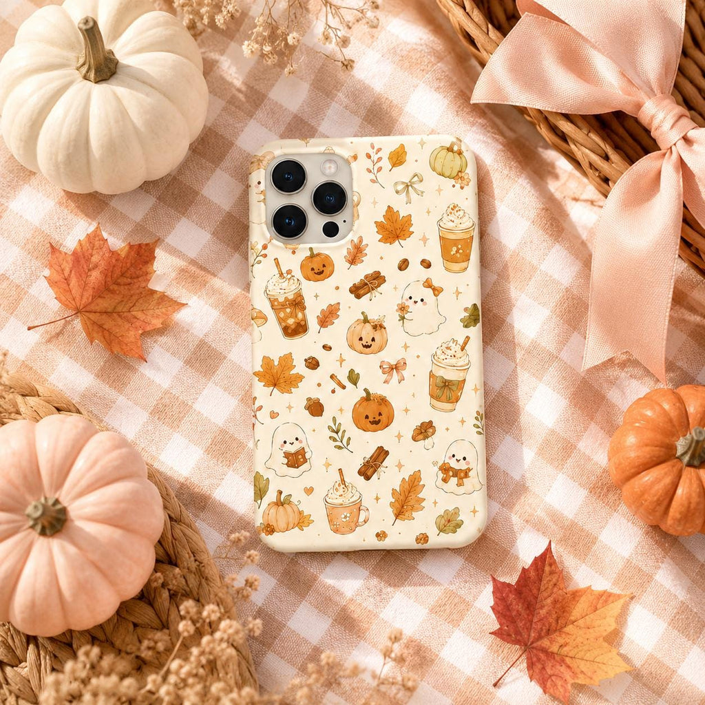 Cute Fall Phone Case, Cozy Pumpkin Ghost Coffee iPhone Case, Autumn Gingham Bow Phone Cover, Kawaii Fall Gift for Her
