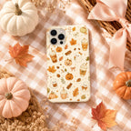 Cute Fall Phone Case, Cozy Pumpkin Ghost Coffee iPhone Case, Autumn Gingham Bow Phone Cover, Kawaii Fall Gift for Her