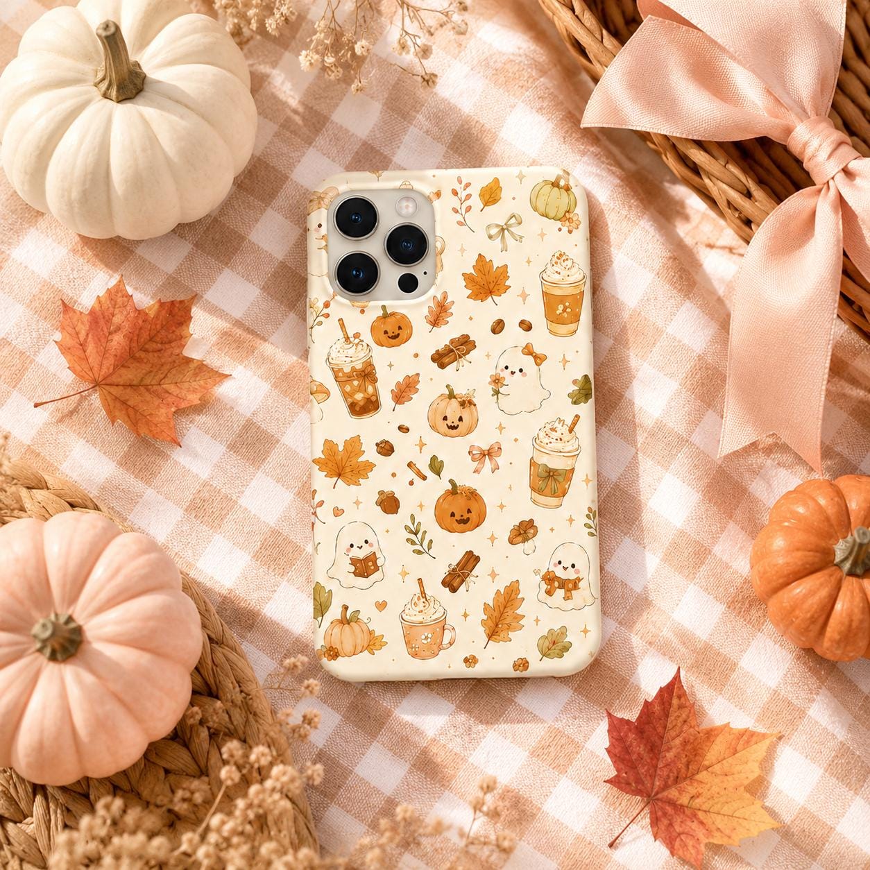 Cute Fall Phone Case, Cozy Pumpkin Ghost Coffee iPhone Case, Autumn Gingham Bow Phone Cover, Kawaii Fall Gift for Her