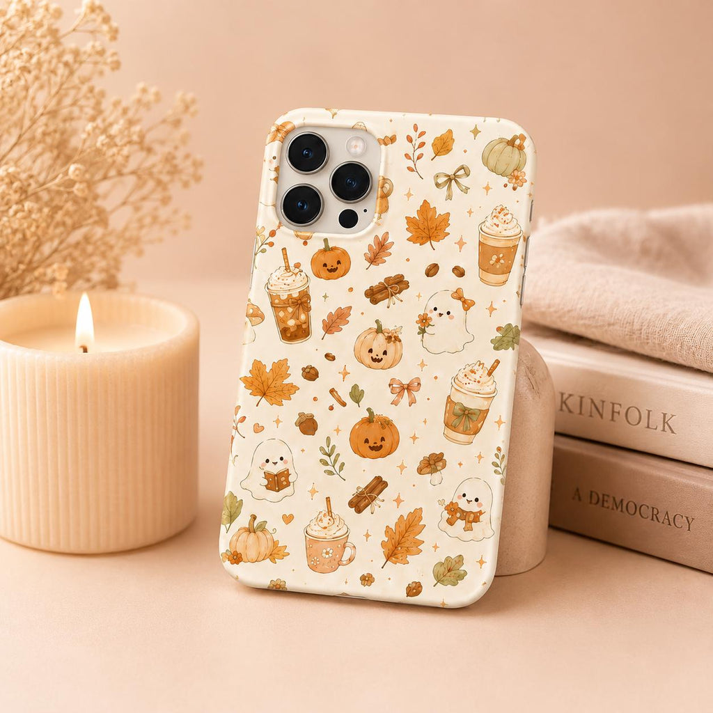 Cute Fall Phone Case, Cozy Pumpkin Ghost Coffee iPhone Case, Autumn Gingham Bow Phone Cover, Kawaii Fall Gift for Her