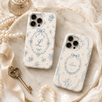 Personalized Blue Floral Phone Case, Custom Initial iPhone Case, Toile Bow Monogram Phone Cover, Coquette Gift for Her