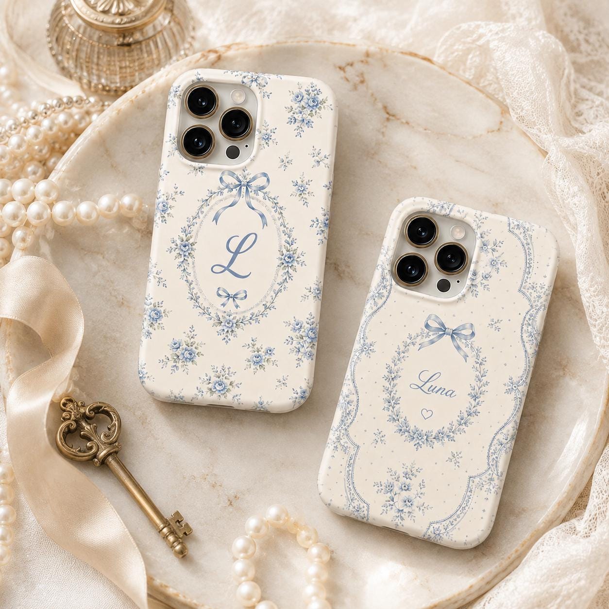 Personalized Blue Floral Phone Case, Custom Initial iPhone Case, Toile Bow Monogram Phone Cover, Coquette Gift for Her