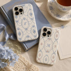 Personalized Blue Floral Phone Case, Custom Initial iPhone Case, Toile Bow Monogram Phone Cover, Coquette Gift for Her