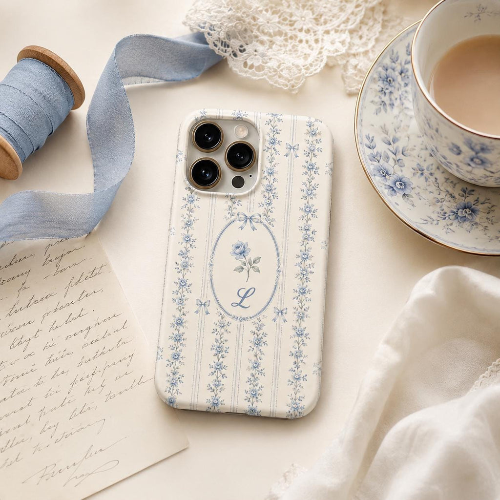 Personalized Blue Floral Phone Case, Custom Initial iPhone Case, Toile Bow Monogram Phone Cover, Coquette Gift for Her