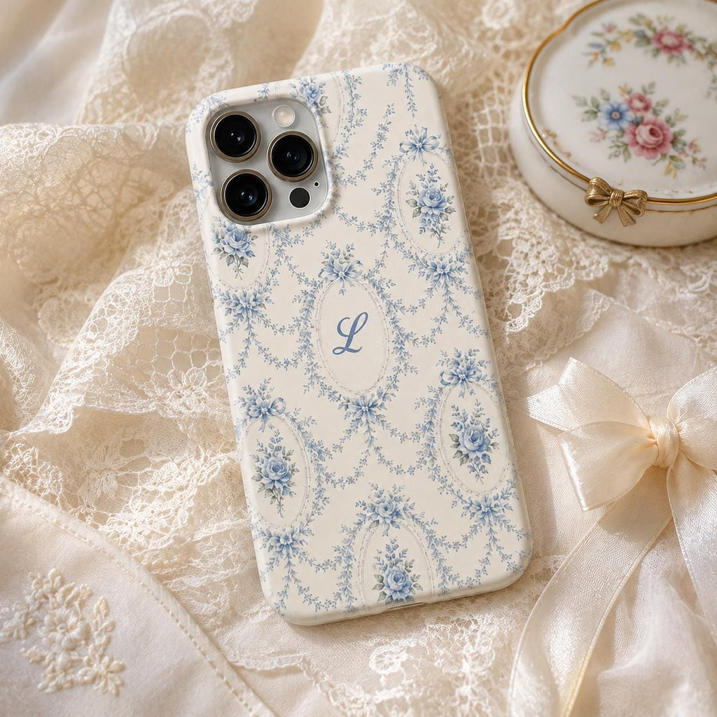 Personalized Blue Floral Phone Case, Custom Initial iPhone Case, Toile Bow Monogram Phone Cover, Coquette Gift for Her