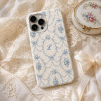 Personalized Blue Floral Phone Case, Custom Initial iPhone Case, Toile Bow Monogram Phone Cover, Coquette Gift for Her