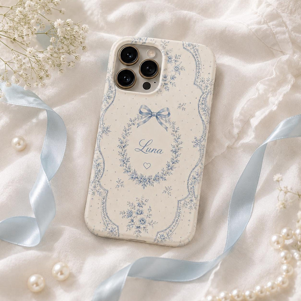Personalized Blue Floral Phone Case, Custom Initial iPhone Case, Toile Bow Monogram Phone Cover, Coquette Gift for Her
