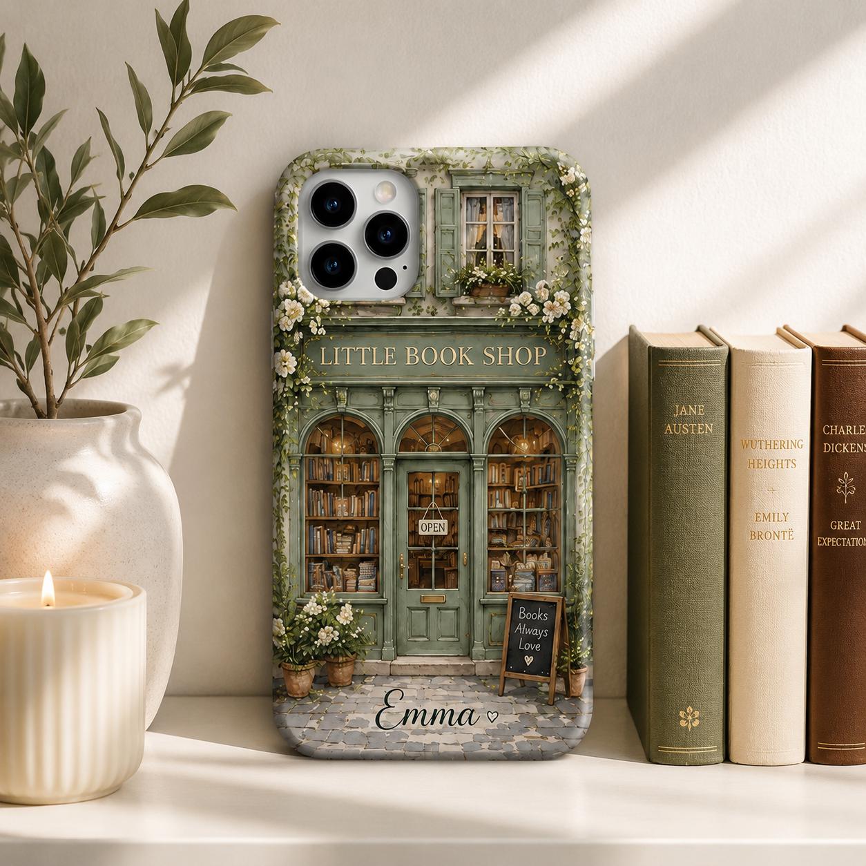 Personalized Bookshop Phone Case, Custom Name iPhone Case, Cozy Bookstore Floral Phone Cover, Book Lover Gift for Her