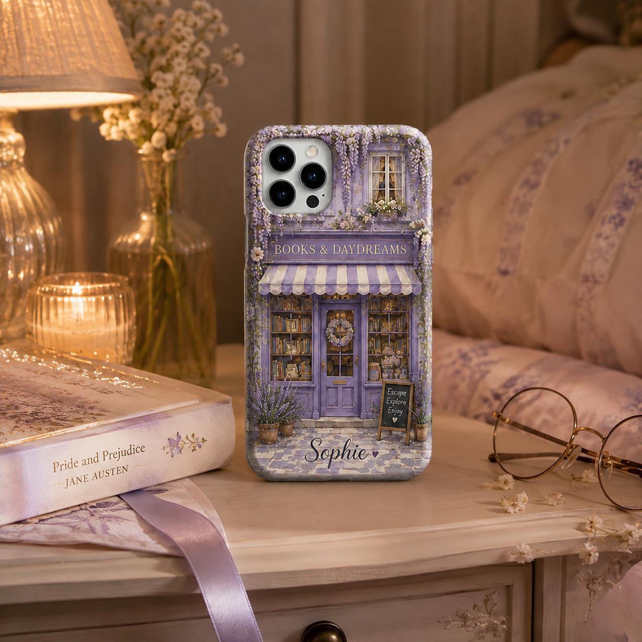 Personalized Bookshop Phone Case, Custom Name iPhone Case, Cozy Bookstore Floral Phone Cover, Book Lover Gift for Her