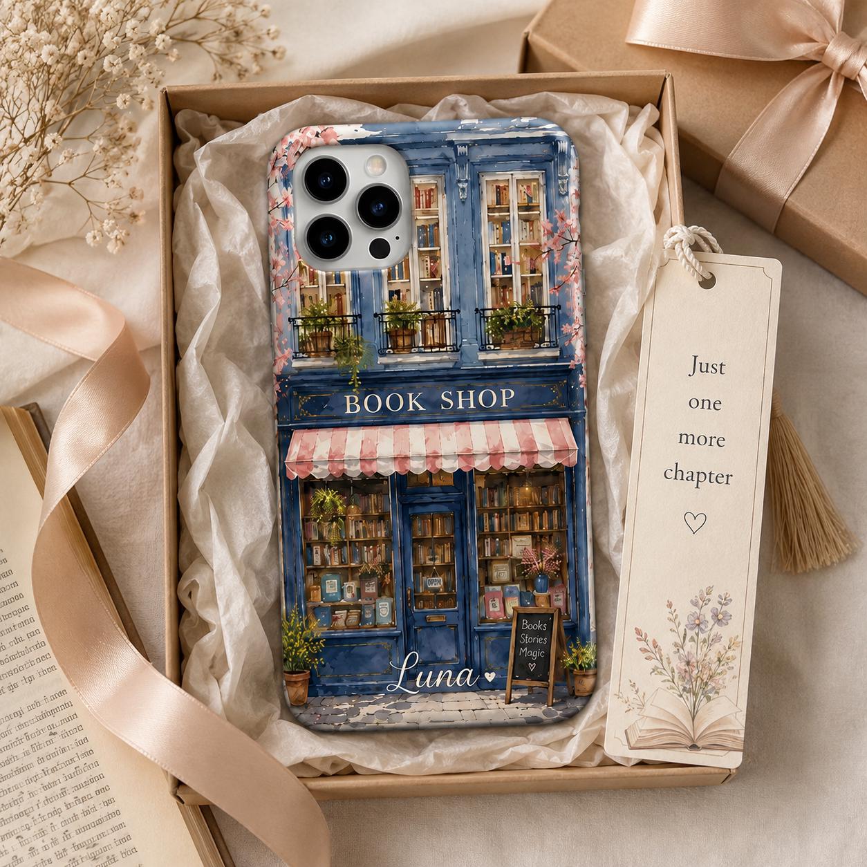 Personalized Bookshop Phone Case, Custom Name iPhone Case, Cozy Bookstore Floral Phone Cover, Book Lover Gift for Her