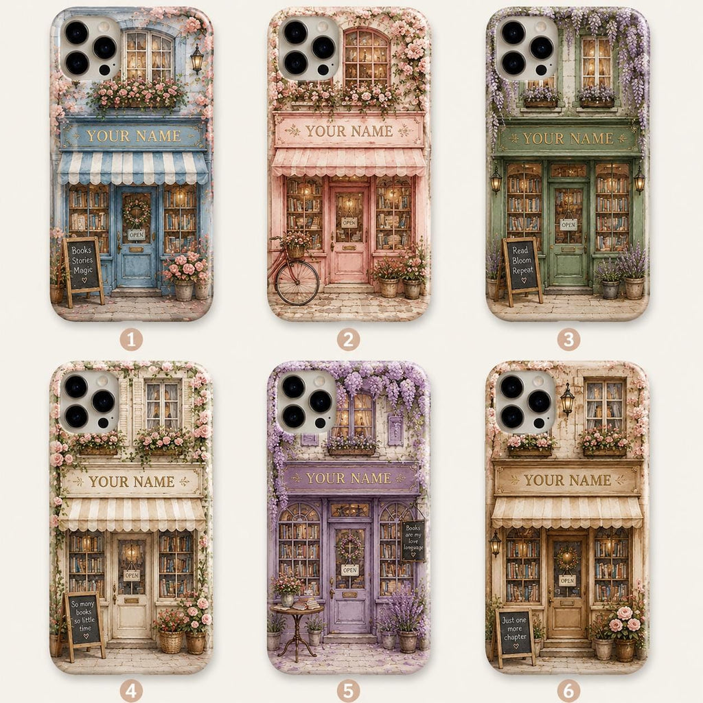 Personalized Bookshop Phone Case, Custom Name iPhone Case, Cozy Bookstore Floral Phone Cover, Book Lover Gift for Her