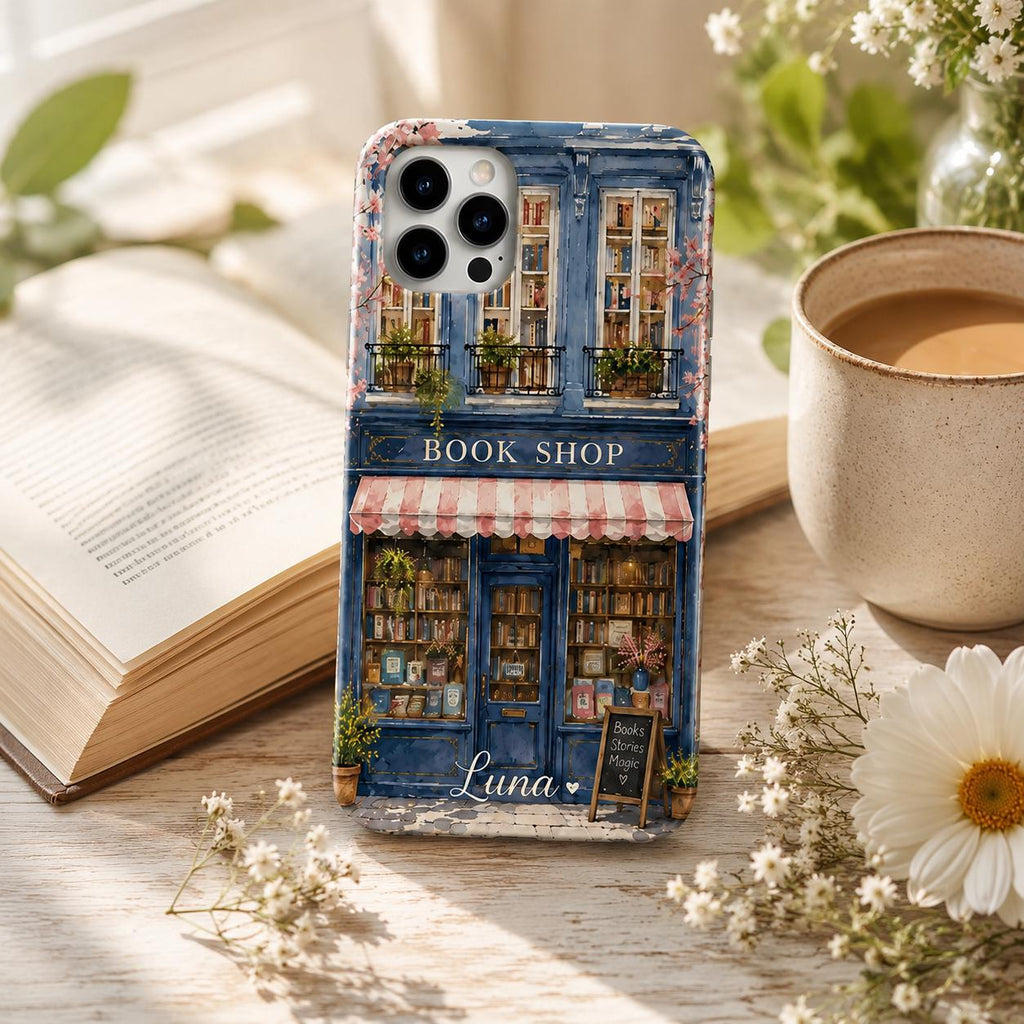 Personalized Bookshop Phone Case, Custom Name iPhone Case, Cozy Bookstore Floral Phone Cover, Book Lover Gift for Her